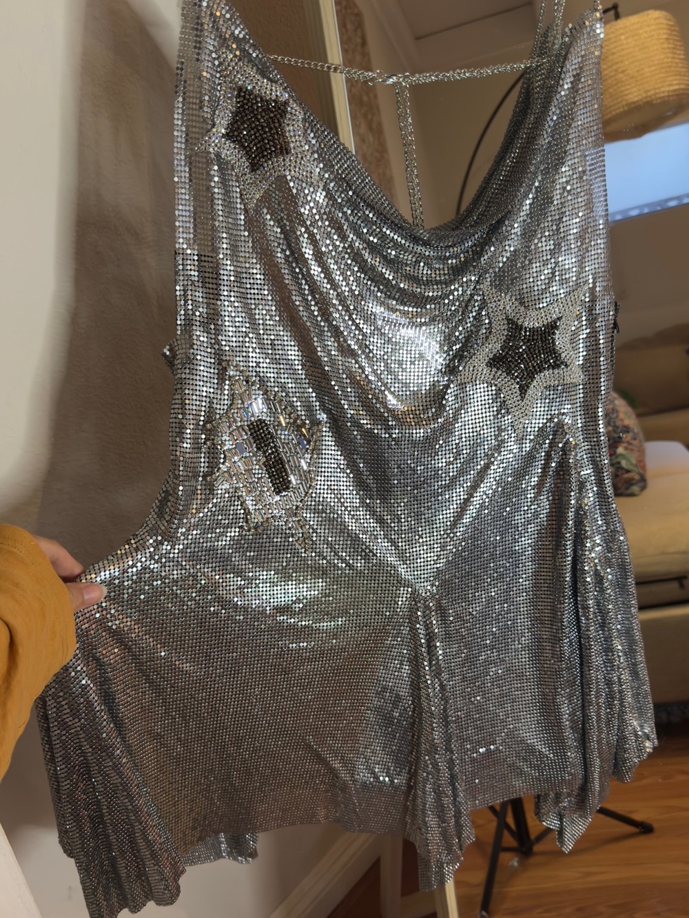 Dolls Kill Darker Wavs Silver Metallic Sequin Draped Mini Dress - Picture 5 of 8